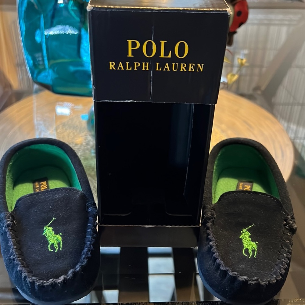 Boys size 10 blue and green in color Ralph Lauren slippers